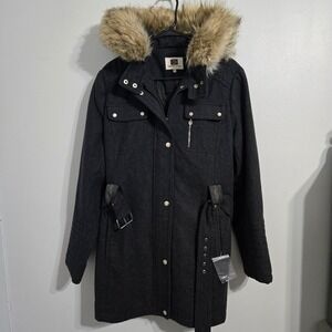 V#50‎ Laundry by Design Charcoal Gray Wool Blend Faux Fur Hooded Winter Coat XL